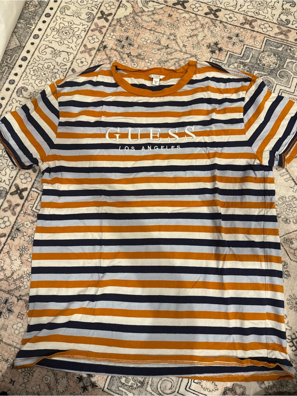 Guess Striped Short-Sleeve Tee in Mustard, Navy & White